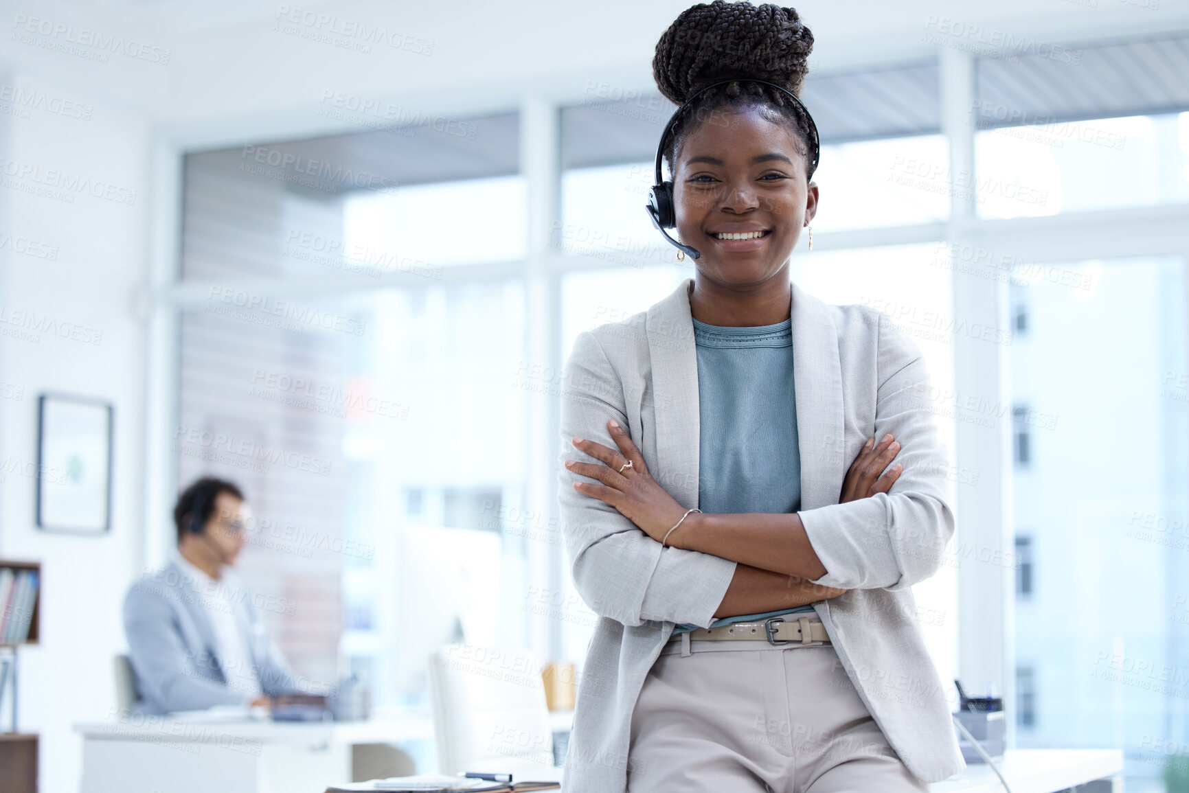 Buy stock photo Call center, customer support and portrait of black woman with crossed arms, confidence and smile for help. Telemarketing, professional and happy female consultant for crm service, sales and contact