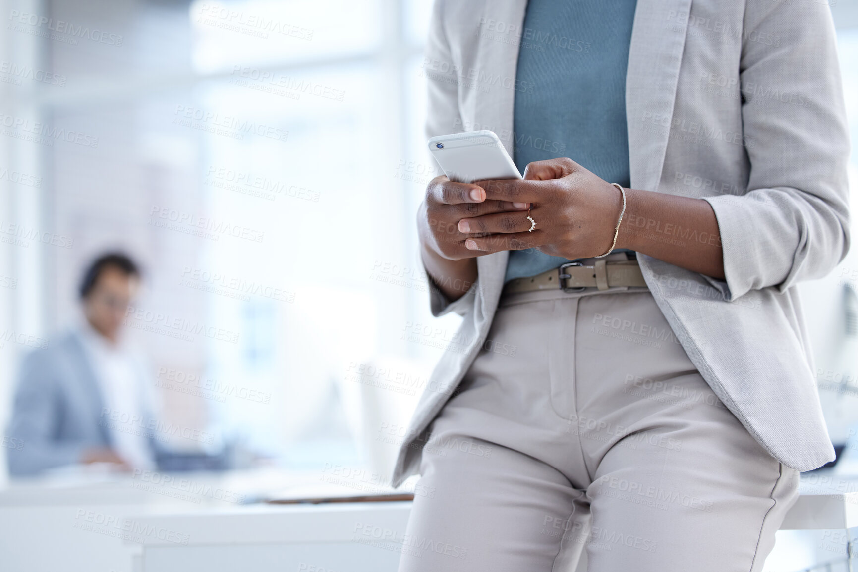 Buy stock photo Phone, office and closeup of a businesswoman networking on social media or the internet. Technology, professional and female employee typing for browsing on a mobile app with a cellphone in workplace