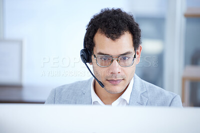 Buy stock photo Call center, computer and serious man telemarketing, customer service or technical support email. Contact us, crm and male sales agent, consultant or employee focus on consulting in business office.