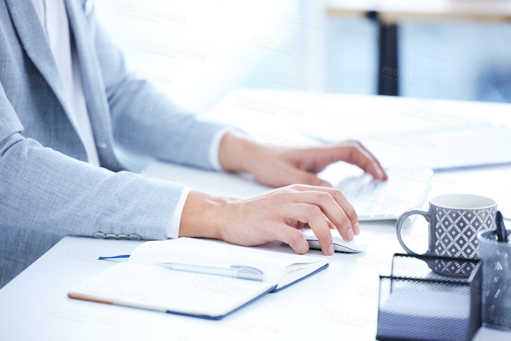 Buy stock photo Keyboard, hands and closeup of a woman typing on computer for research in the office. Technology, professional and female employee working on corporate project with desktop and notebook in workplace.