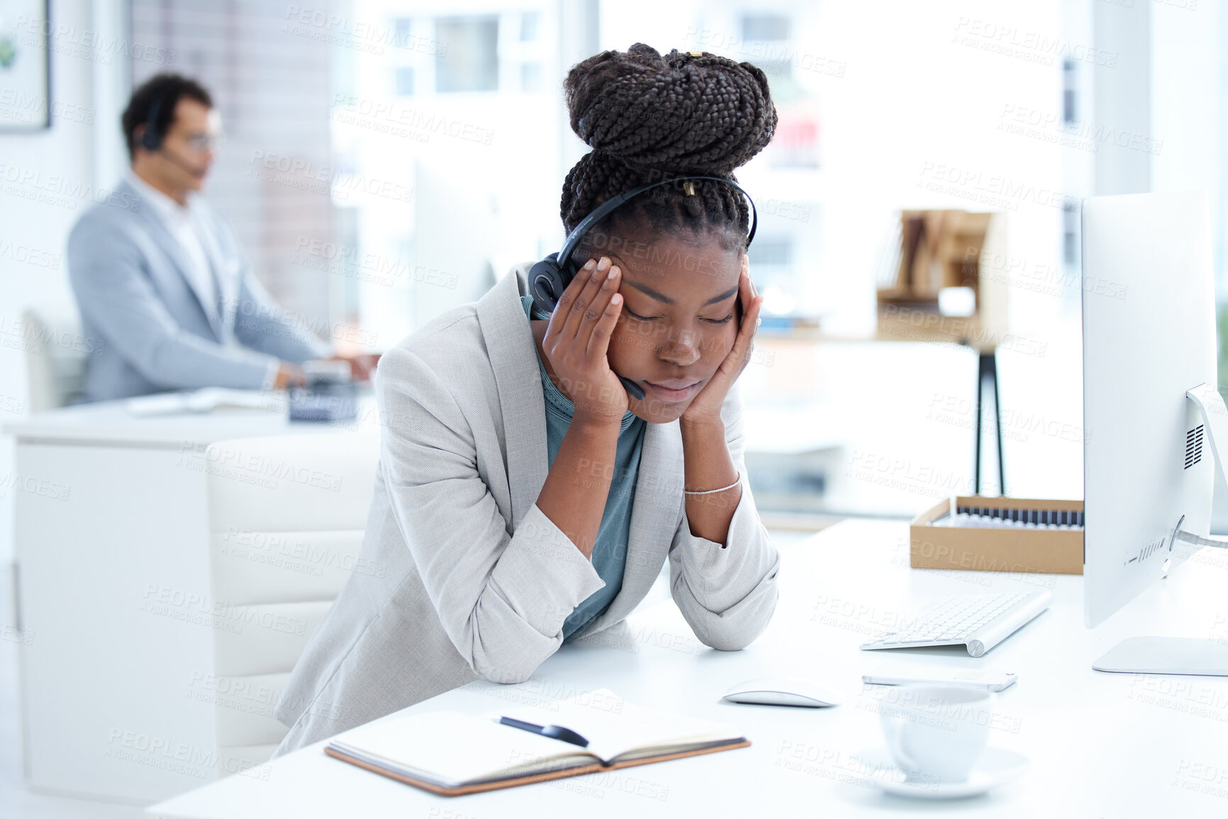 Buy stock photo Tired, stress and headache with black woman in call center office for fatigue, anxiety and burnout. Frustrated, mental health and glitch with female employee for communication and customer service