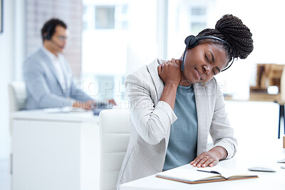 Buy stock photo Stress, tired and call center woman with neck pain, burnout or health problem in customer service or sales. Black female crm agent or tech support consultant with injury, fatigue or stretching muscle