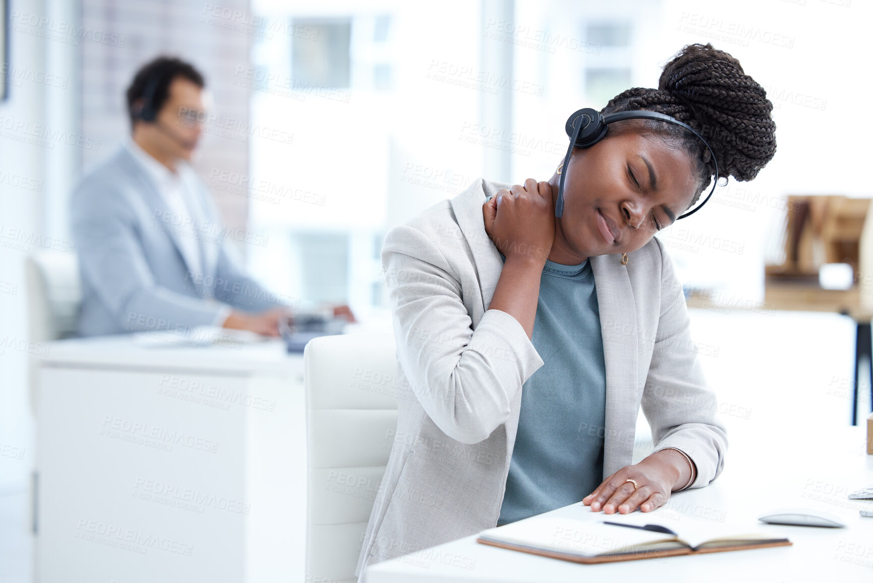 Buy stock photo Stress, tired and call center woman with neck pain, burnout or health problem in customer service or sales. Black female crm agent or tech support consultant with injury, fatigue or stretching muscle