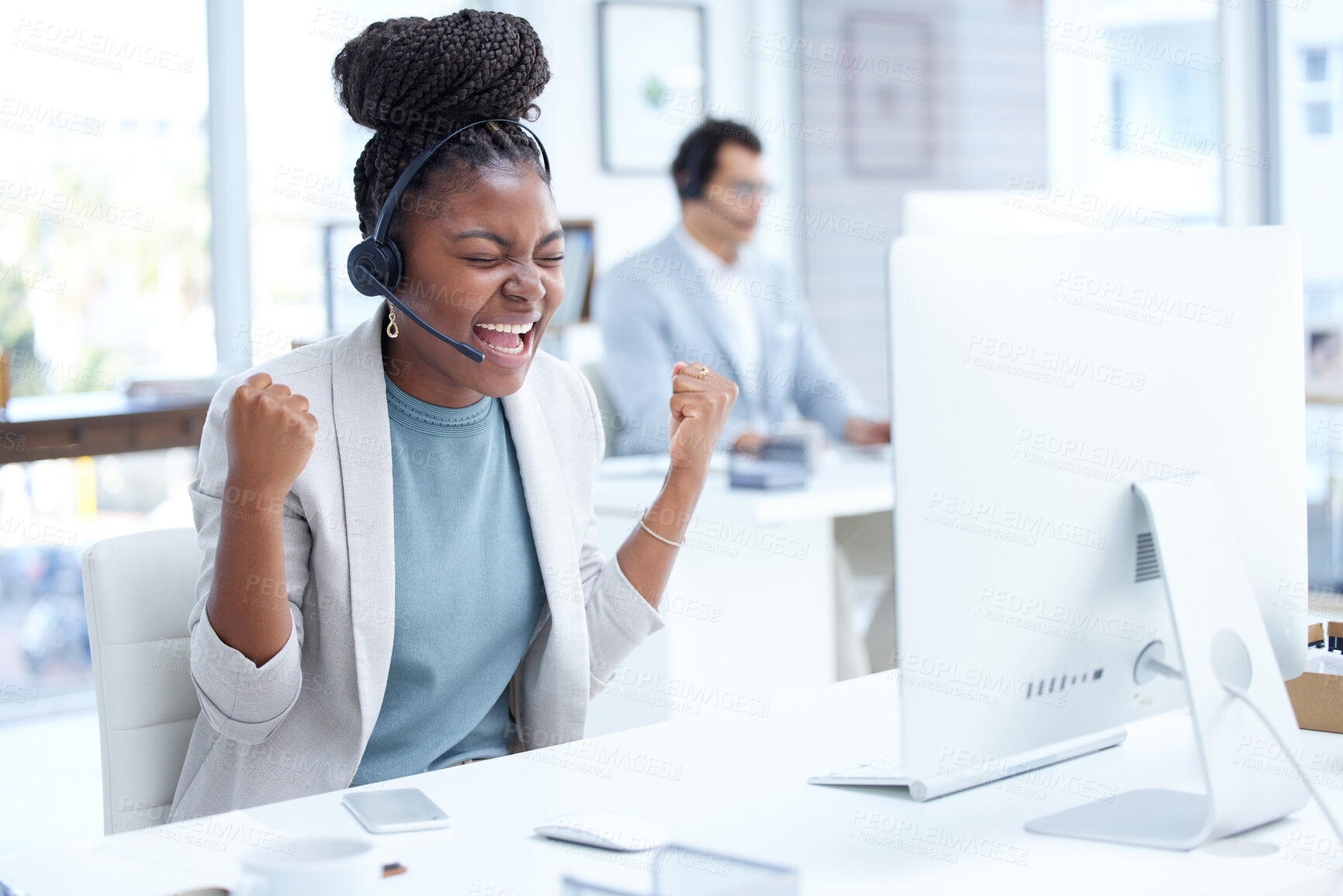 Buy stock photo Call center, headset and black woman celebrate success in customer service, crm or telemarketing. Excited consultant or african agent person in sales, contact us or help desk support with achievement