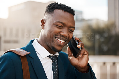 Buy stock photo Phone call, business and happy black man in city, conversation or salesman listening to contact in the morning. Smartphone, smile and African professional outdoor for deal, negotiation or travel news