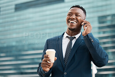 Buy stock photo City, business man and phone call in morning for networking, speaking and conversation with contact. Outdoor, tech and male person or lawyer with mobile for legal advice, consulting and support