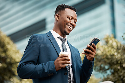 Buy stock photo Shot of a content businessman using his smartphone to send a text while in the city