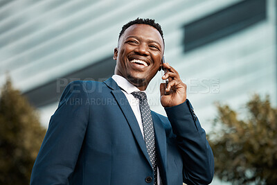 Buy stock photo City, business man and call in morning for networking, speaking and conversation with contact. Outdoor, tech and black person or lawyer with cellphone for legal advice, consulting and support