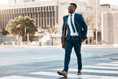 Buy stock photo Happy businessman, walking and city to work for travel on street or pedestrian crossing outdoors. Black man on cross road, walk or traveling to business with suit and smile on asphalt in urban town