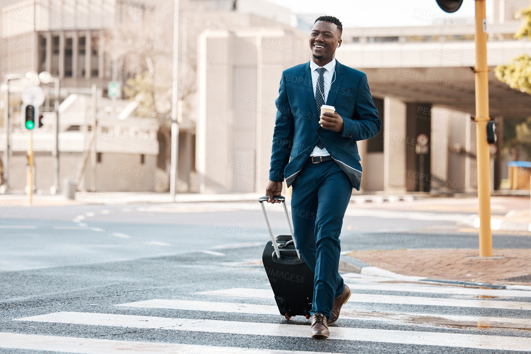 Buy stock photo Travel, business and black man with suitcase in city for international conference, global trip and meeting. Corporate, happy and male entrepreneur with luggage for journey, commute and convention