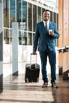 Buy stock photo Travel, business and portrait of black man with suitcase for international conference, global trip and meeting. Corporate, luggage and male entrepreneur with coffee for journey, commute or convention