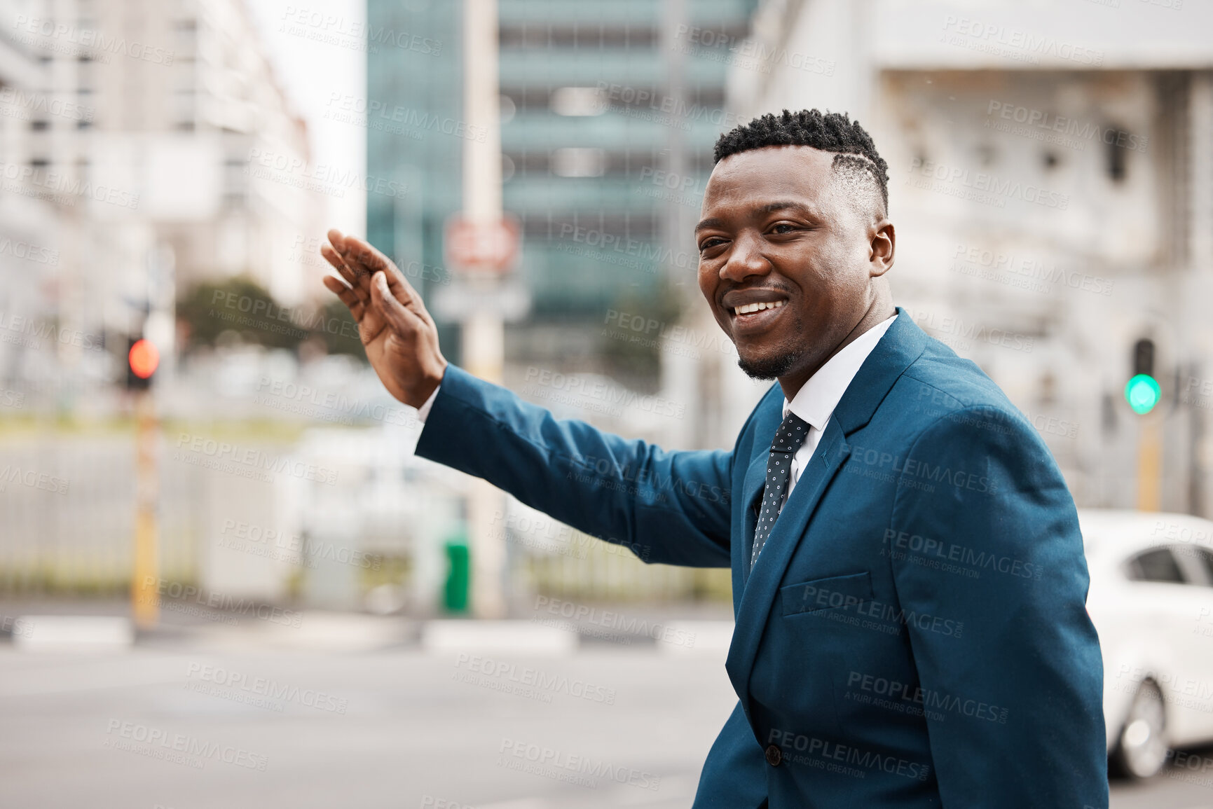 Buy stock photo Business, black man and stop taxi in city to travel, smile or career as salesman outdoor in town. Professional, transport and male person for hailing a cab, commute or formal on street for trip