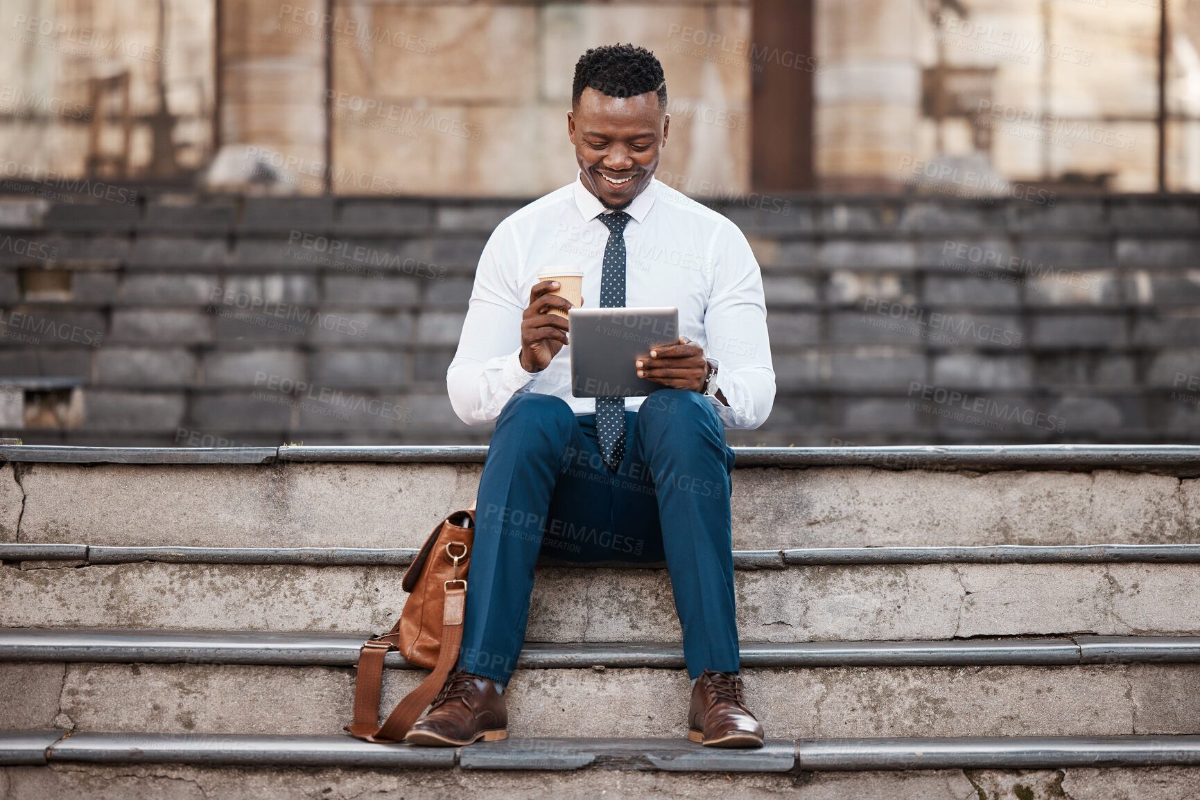 Buy stock photo City, business man and video call in stairs for networking, speaking and conversation with contact. Outdoor, professional and black person or lawyer with tech for legal advice, consulting and support