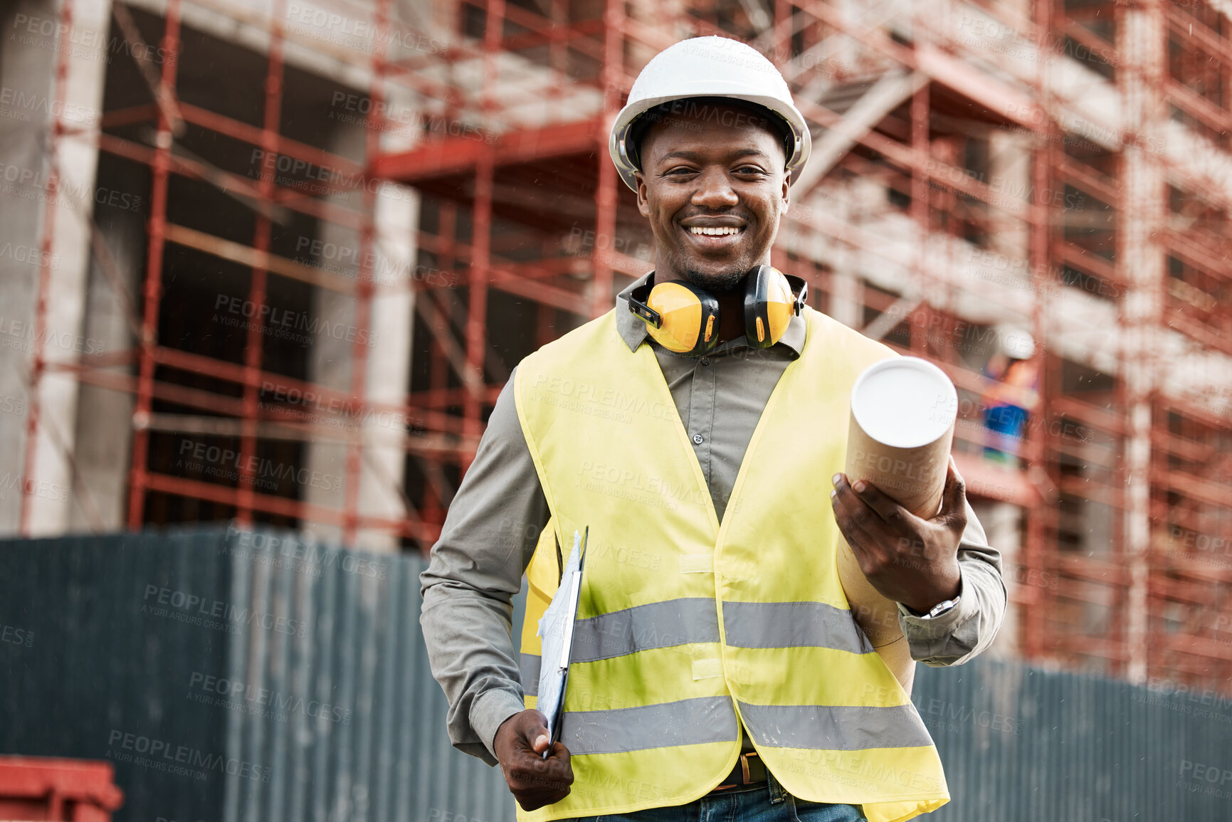 Buy stock photo Architect, black man and plan outdoor at construction site building with a smile for development. Happy African engineer person portrait for project management, inspection or architecture blueprint