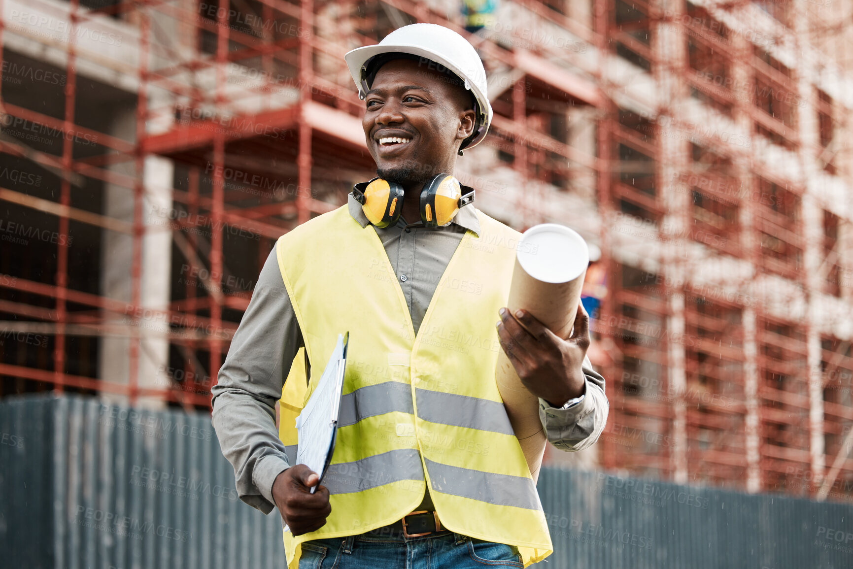 Buy stock photo Architect, black man and thinking outdoor at construction site building with a smile for future. Happy African engineer person with blueprint idea for project management, inspection or architecture 
