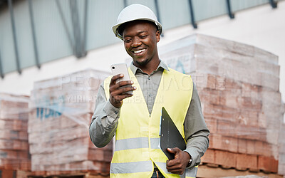 Buy stock photo Architecture, phone and smile with black man on construction site for networking, communication and digital. Engineering, building and designer with male contractor in city for property and app