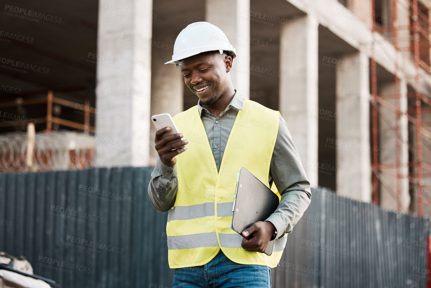 Buy stock photo Architecture, phone and inspection with black man on construction site for networking, communication and digital. Engineering, building and designer with male contractor in city for property and app