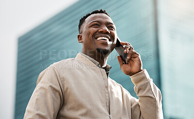 Buy stock photo Phone call, business and laughing black man in city for talking or consultant listening to contact in low angle. Mobile, funny and African professional outdoor for deal, negotiation or travel news