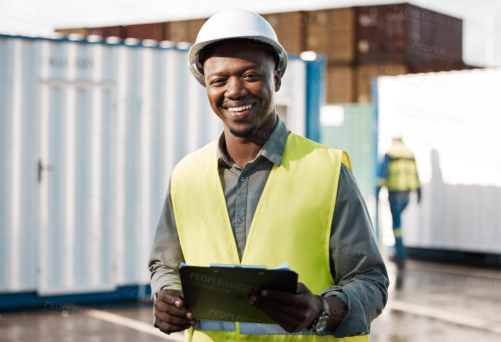 Buy stock photo Checklist, shipping and logistics with portrait of black man for cargo, supply chain or industry. Engineering, happy and export with male contractor and clipboard for warehouse, container and factory