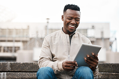 Buy stock photo African man, tablet and stairs in city with reading, laughing and happy for comic meme on social media. Person, digital touchscreen and smile for funny video, post or contact on app on steps in metro