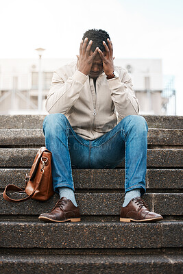 Buy stock photo Business man, unemployed and depression on stairs with mistake, reflection and worry in city. African person, stress and anxiety on steps in metro town with loss, crisis and jobless with bankruptcy