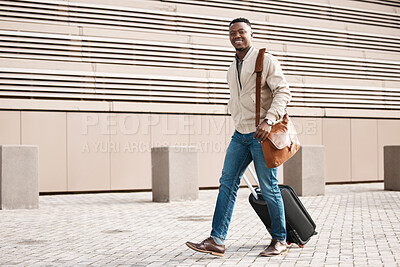 Buy stock photo Portrait, business and portrait of black man with suitcase for international conference, global trip and meeting. Travel, luggage and male entrepreneur with bag for journey, commute and convention