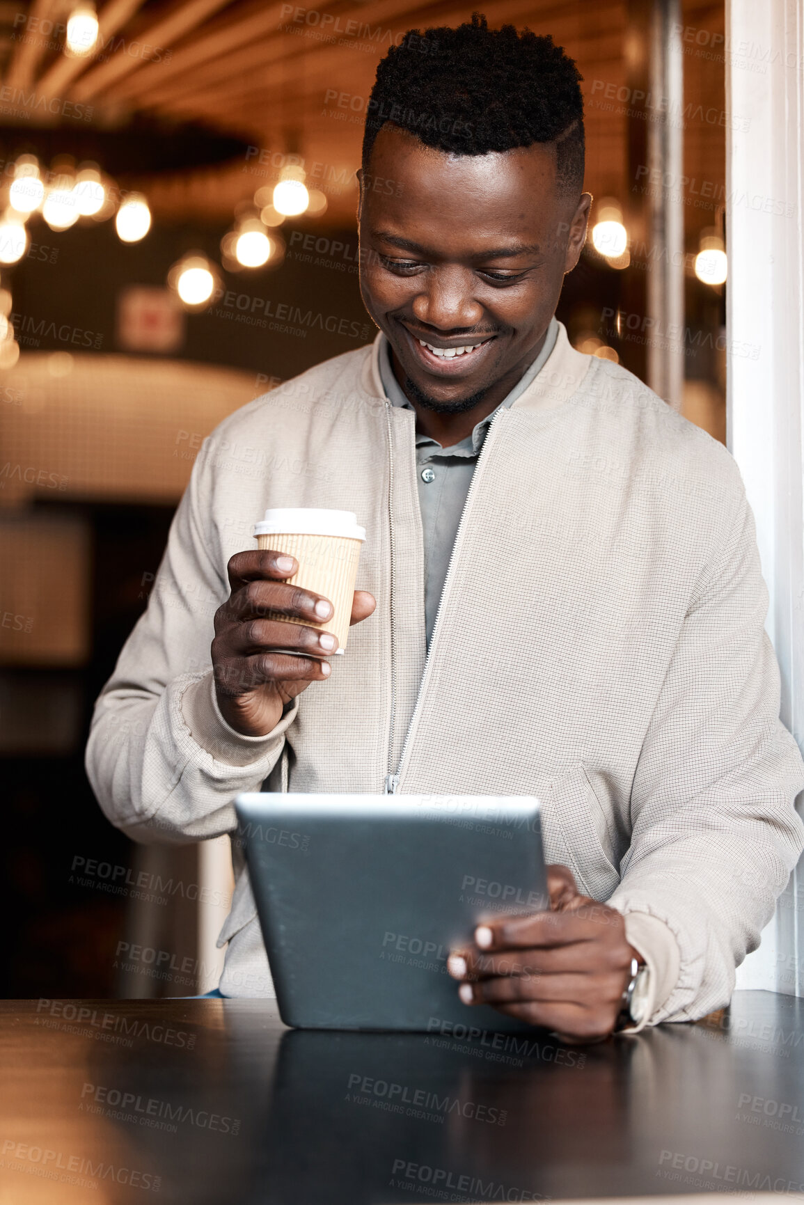 Buy stock photo African man, tablet and reading in coffee shop with smile, drink or notification for networking, contact or app. Entrepreneur, digital touchscreen and happy for results, deal or info for remote work