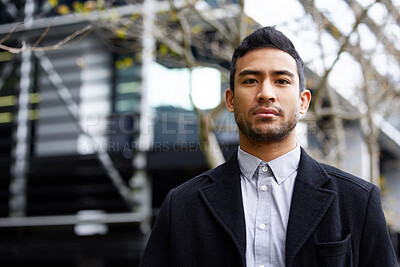 Buy stock photo Portrait, serious or Asian businessman in city for commute or confidence for work by outdoor buildings. Proud employee, salesman or entrepreneur in street for urban career or corporate job in town