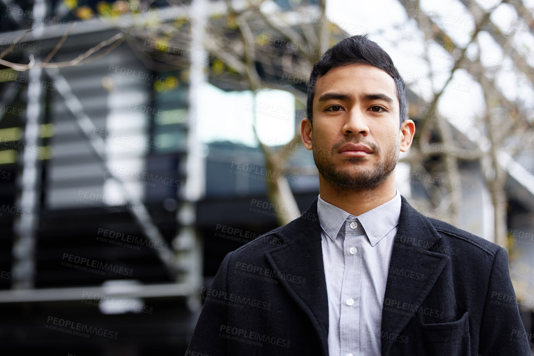 Buy stock photo Portrait, serious or Asian businessman in city for commute or confidence for work by outdoor buildings. Proud employee, salesman or entrepreneur in street for urban career or corporate job in town