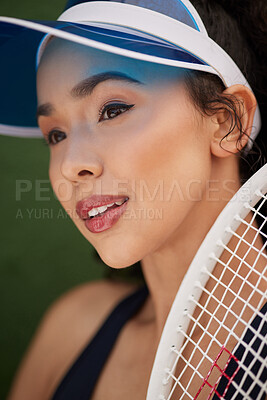 Buy stock photo Shot of a female tennis player posing with a racket