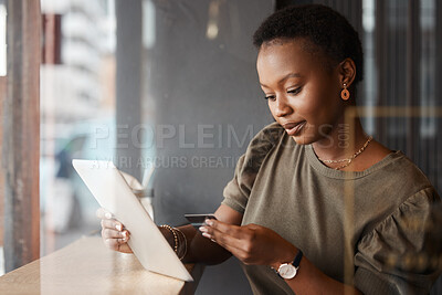 Buy stock photo Tablet, credit card code and black woman at a coffee shop with technology and ecommerce app. Online shopping, African female person and digital payment in a cafe and restaurant with tech and website 