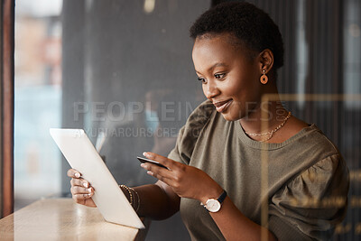 Buy stock photo Tablet, credit card and black woman at a coffee shop with technology and ecommerce app. Online shopping, African female person and digital payment in a cafe and restaurant with tech and website deal
