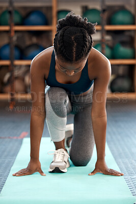 Buy stock photo Woman, fitness and start for workout, exercise or cardio training on mat at the gym. Fit, active and sporty female person, athlete or runner getting ready for exercising marathon, run or stretching