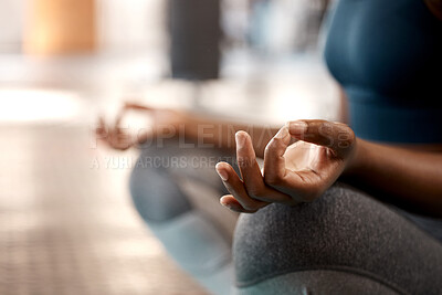Buy stock photo Woman, hands and yoga in meditation for zen, spiritual wellness or peaceful exercise and workout in gym. Hand of female person yogi in calm meditating, training or exercising for mind, body or spirit