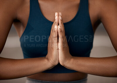 Buy stock photo Peace, yoga and meditation with hands of woman for zen, wellness and mental health. Relax, mindfulness and healing with closeup of female yogi and prayer gesture for gratitude, spiritual and balance