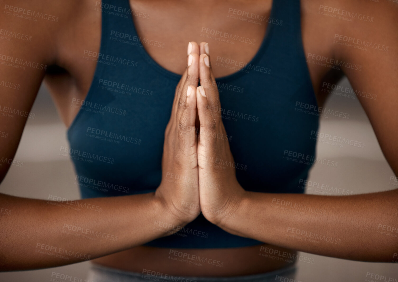 Buy stock photo Peace, yoga and meditation with hands of woman for zen, wellness and mental health. Relax, mindfulness and healing with closeup of female yogi and prayer gesture for gratitude, spiritual and balance