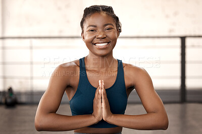 Buy stock photo Peace, yoga and meditation with portrait of black woman for zen, wellness and mental health. Relax, mindfulness and namaste with female yogi and prayer hands for gratitude, spiritual and balance