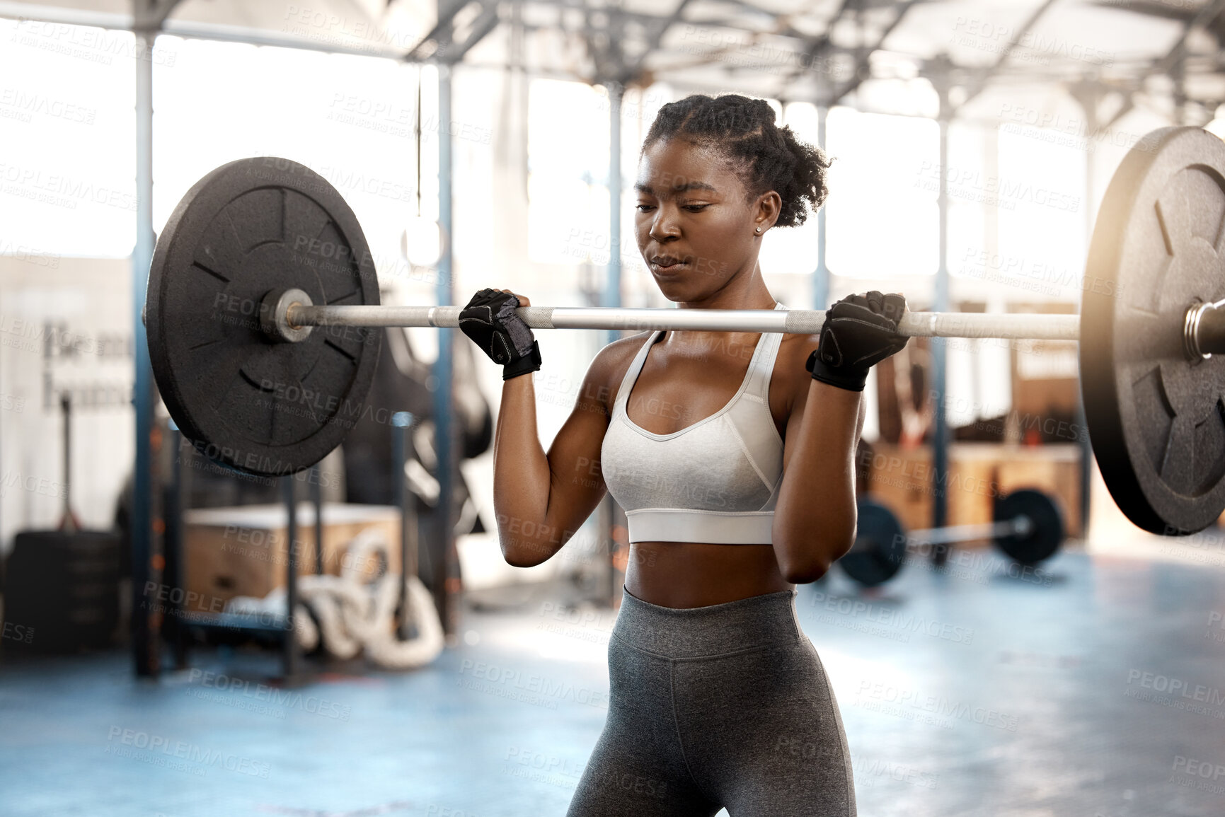 Buy stock photo Strong, workout and barbell with black woman in gym for fitness, weightlifting and muscle. Health, challenge and exercise with female bodybuilder and weights for focus, performance and commitment