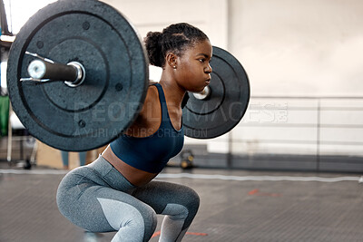 Buy stock photo Fitness, weightlifting and barbell with black woman in gym for workout, strong and muscle. Health, challenge and exercise with female bodybuilder and weights for focus, performance and commitment