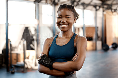Buy stock photo Happy black woman, portrait smile and fitness with arms crossed for workout, exercise or training at the gym. Fit, active or sporty African female person or athlete smiling for healthy wellness