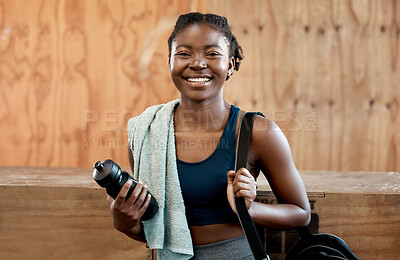 Buy stock photo Happy black woman, portrait and fitness for workout, exercise or cardio training at the gym. Fit, active or sporty African female person or athlete with smile and towel for healthy wellness indoors