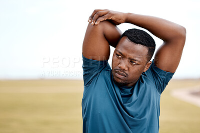 Buy stock photo Stretching, fitness and black man in park for exercise, training and cardio workout outdoors. Sports, motivation and male person stretch arms to warm up for healthy body, wellness and performance