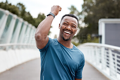 Buy stock photo Success, running and portrait of black man in city for winner, freedom and celebration. Fitness, workout and exercise with male runner training in outdoors for achievement, health and cardio