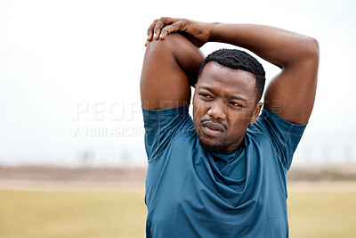 Buy stock photo Stretching, fitness and face of black man in nature for exercise, marathon training and running. Sports, healthy body and male person stretch arms for warm up, cardio workout and start for wellness