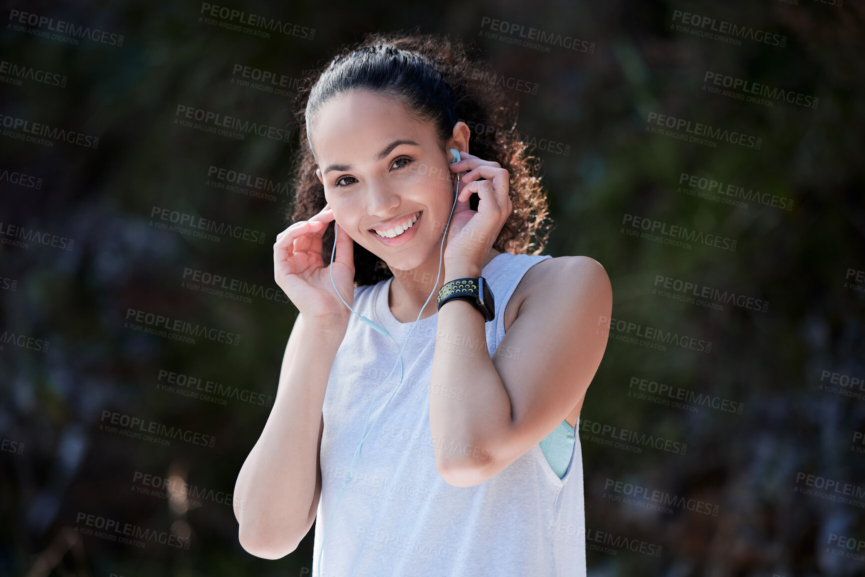 Buy stock photo Music, fitness and portrait of woman in nature for exercise, training and cardio workout outdoors. Sports, motivation and happy female person listen to audio for warm up, wellness and performance