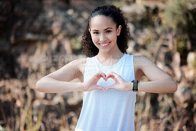 Buy stock photo Happy woman, portrait smile and heart hands for fitness, healthy wellness or exercise in nature. Fit, active and sporty female person smiling with loving shape hand for workout or health outdoors