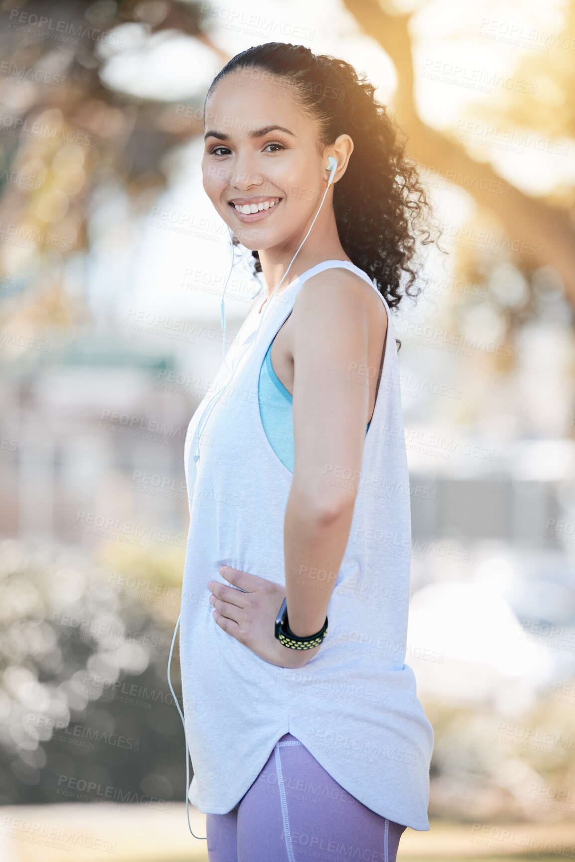 Buy stock photo Happy woman, portrait smile and runner in fitness, workout and cardio exercise in the nature outdoors. Fit, active or sporty female person smiling for running, exercising or training in the park