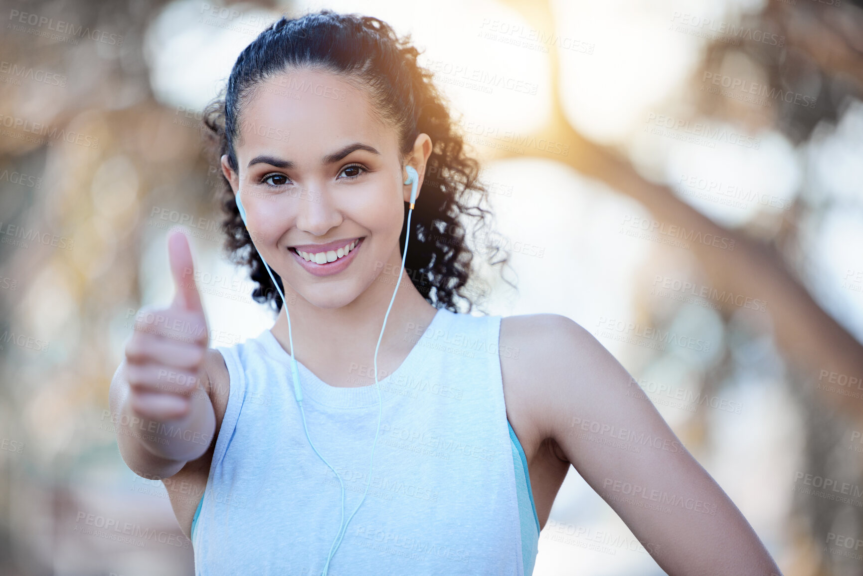 Buy stock photo Happy woman, fitness and portrait smile with thumbs up for winning, success or workout in nature. Fit, active or sporty female person or runner smiling with thumb emoji, yes sign or like for exercise