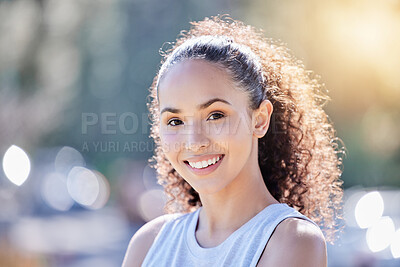 Buy stock photo Woman, portrait and confident in outdoor fitness, nature and workout for health and wellness. Female person, morning cardio and bokeh for exercise or training for marathon, athlete and run in Brazil