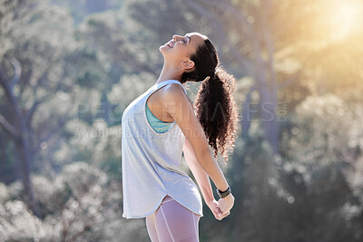 Buy stock photo Happy woman, relax and stretching body in fitness, exercise or outdoor workout in nature. Fit, active and sporty female person smiling in warm up stretch, exercising or training for healthy wellness